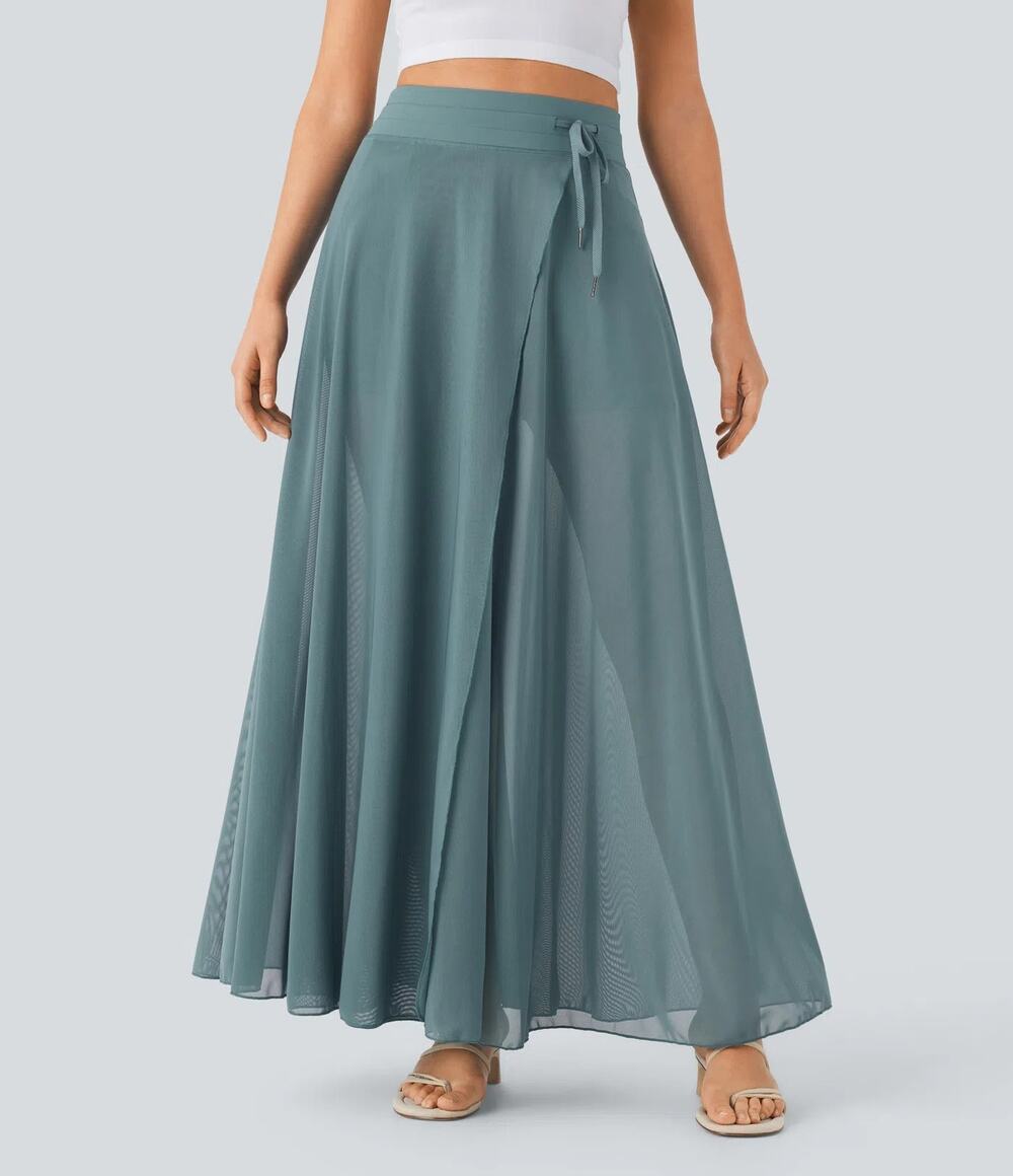 Halara High Waisted Mesh Maxi Skirt XS Teal Drawstring 2-in-1 Flowy Athleisure